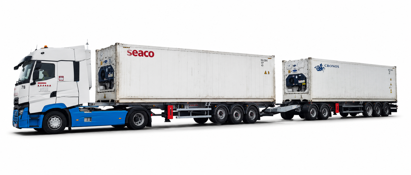 A white semi-truck pulling a long double trailer with Seaco and Cronos refrigerated shipping containers.